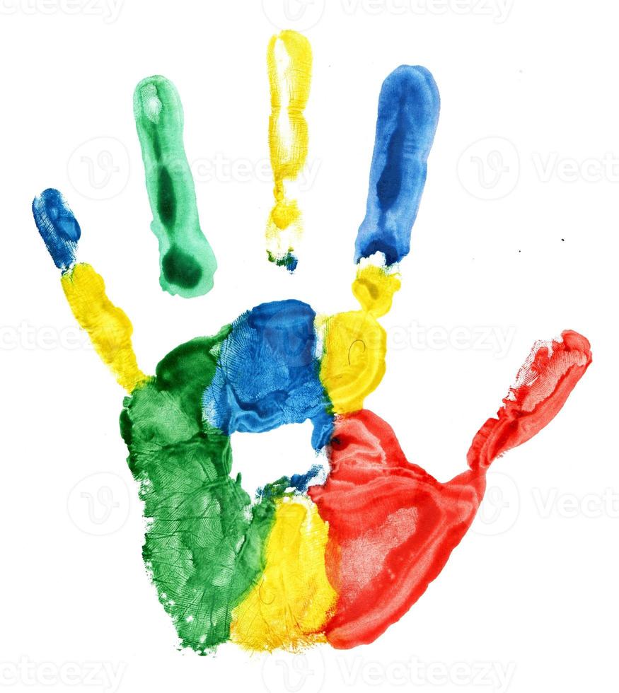 Close up of colored hand print on white photo