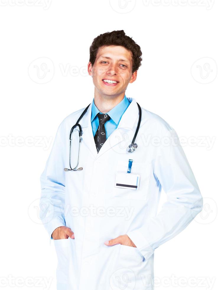 Portrait of the smiling doctor on a white photo