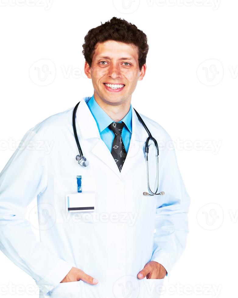 Portrait of the smiling doctor on a white photo