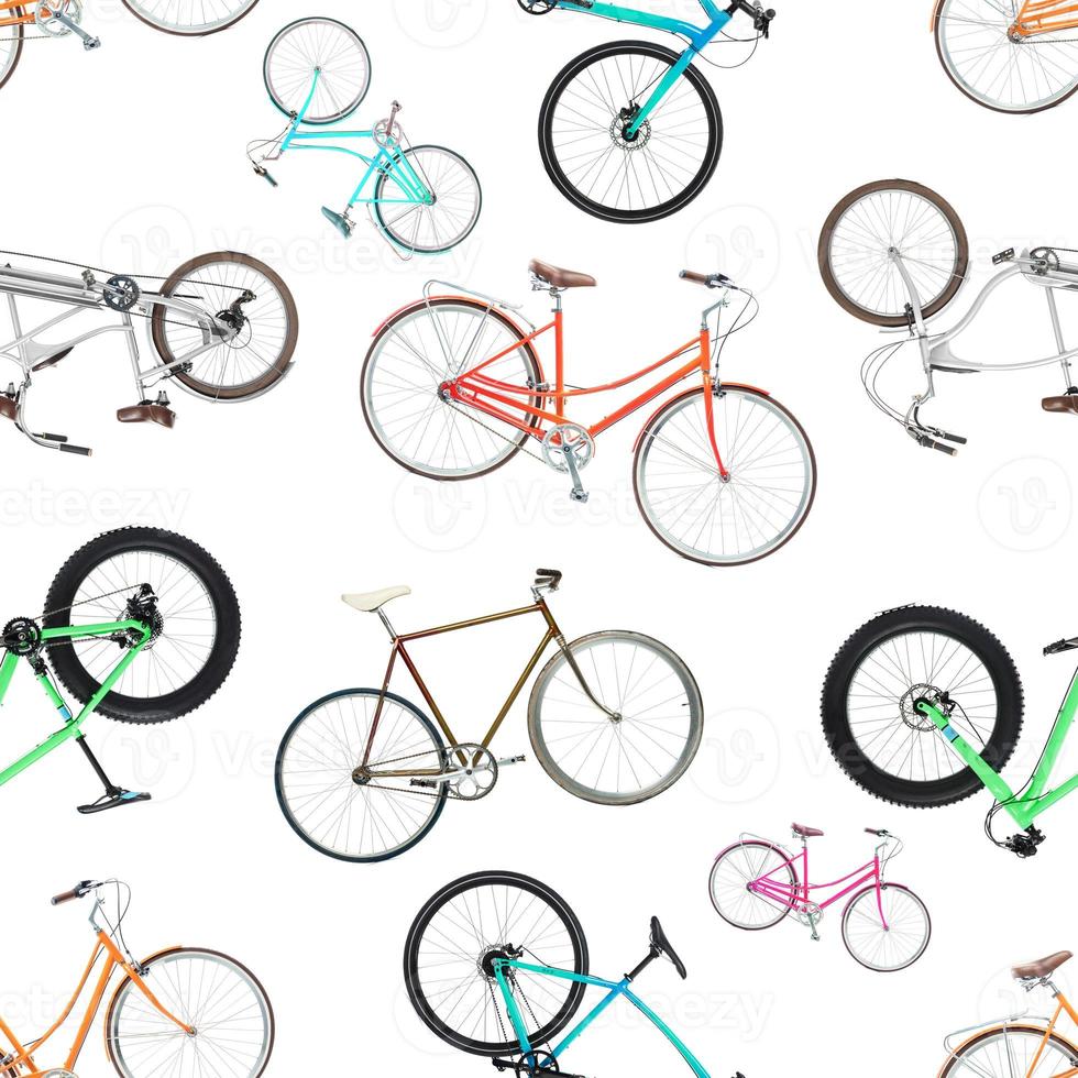 Seamless pattern of different bicycles isolated on a white photo