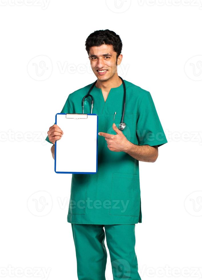 Portrait of doctor Arab nationality with health record on white photo