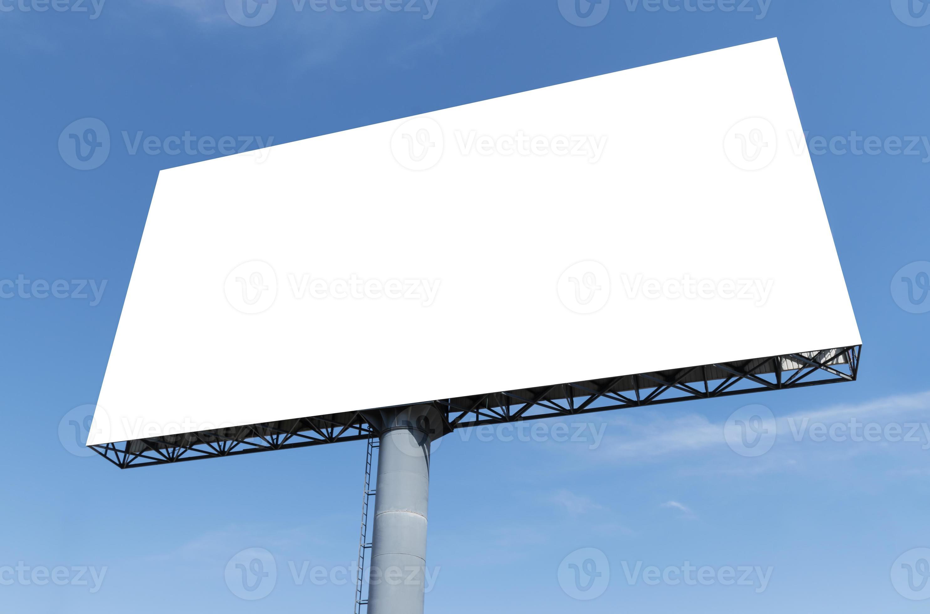 Outdoor pole billboard on blue sky background with mock up white screen