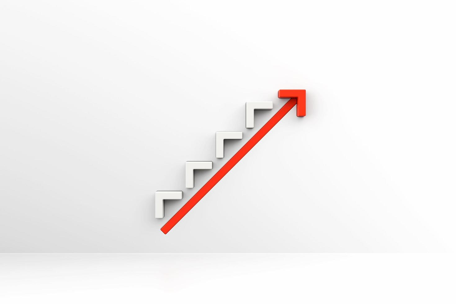 Red arrow with white stair on white wall background, 3D arrow climbing up over a staircase , 3d rendering photo