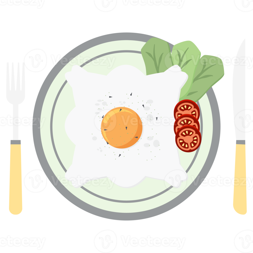 friterad ägg äggula fritera tjänande mat sallad tomat på en tallrik gaffel kniv png