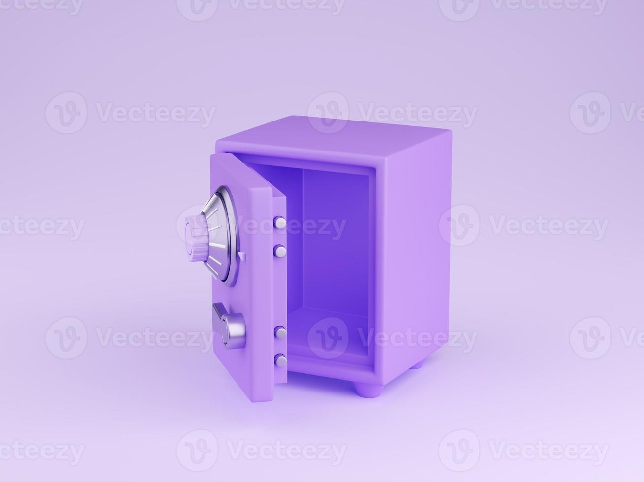 Safe box 3d render - illustration of open cartoon purple strongbox with combination lock. photo