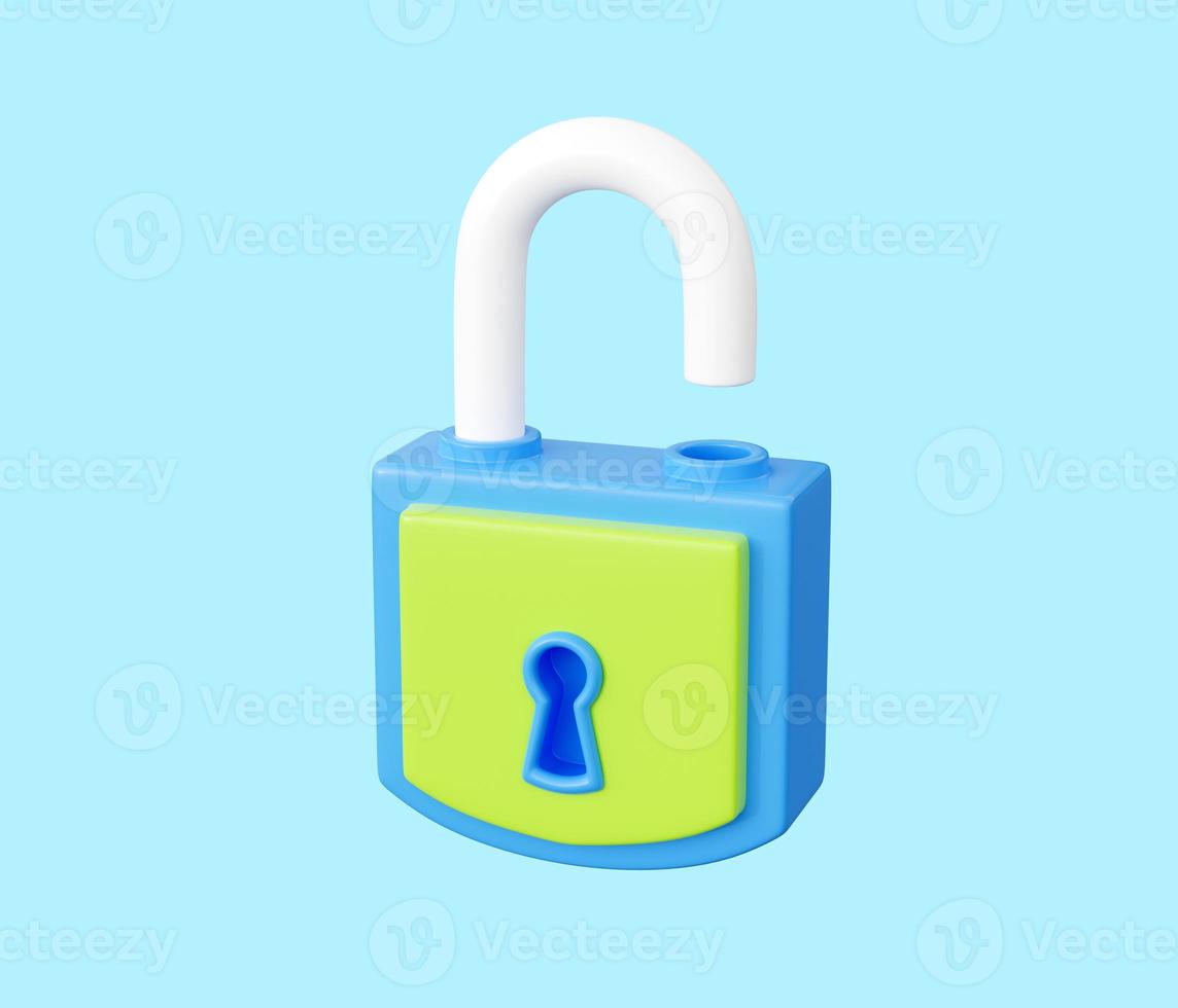 Open padlock 3d render illustration. Blue and green lock with keyhole. photo