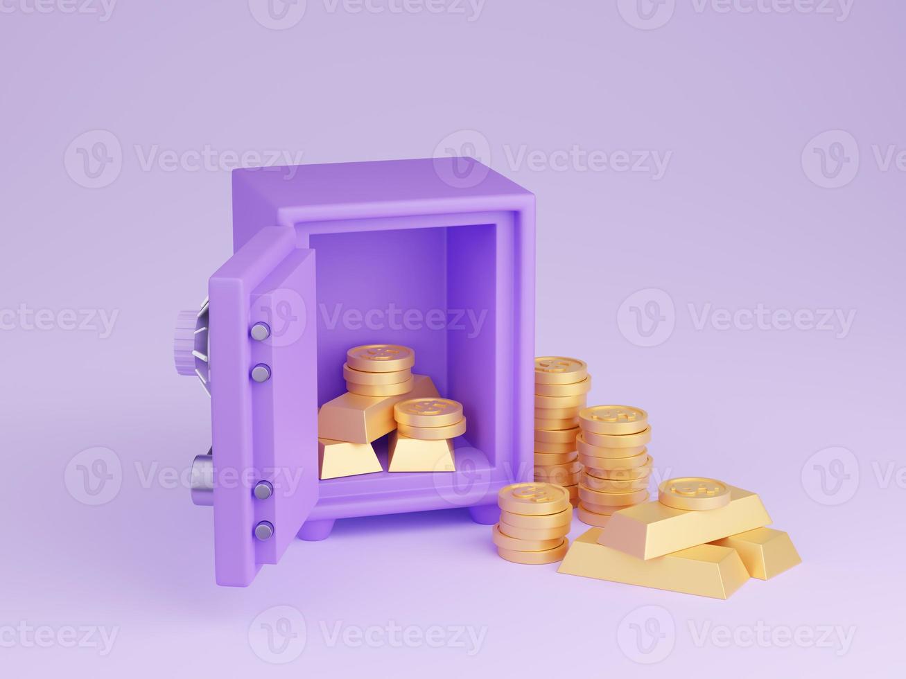 Safe box with money 3d render - open purple strongbox filled and surrounded by pile of gold coins and ingots. photo