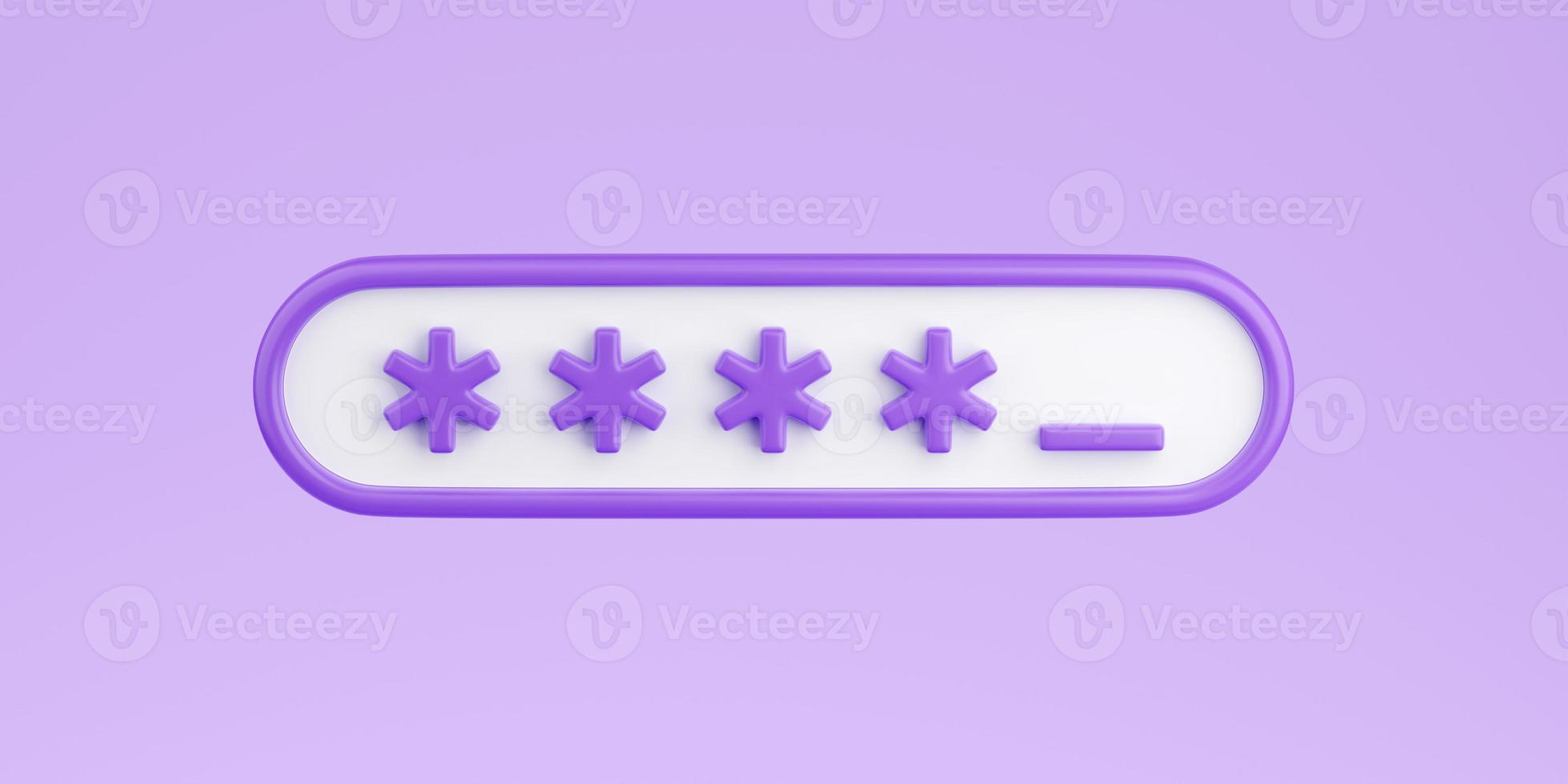 Locked password field 3d render - input box with asterisks for passcode or pin isolated on purple background. photo