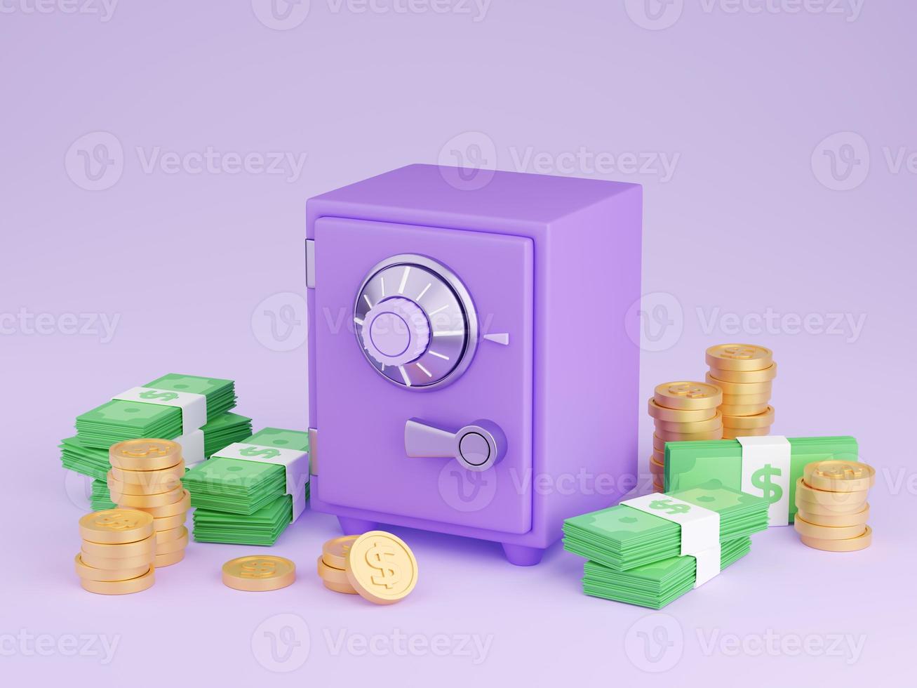seguro caja con dinero 3d hacer - ilustración de cerrado púrpura caja fuerte rodeado por pila de oro monedas y papel dinero en efectivo. foto