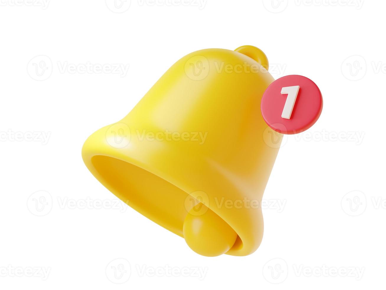 Notification bell icon 3d render - cute cartoon illustration of simple yellow bell with number one. photo