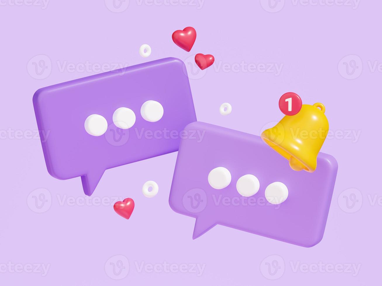 Notification bell on speech bubble with text 3d render. photo