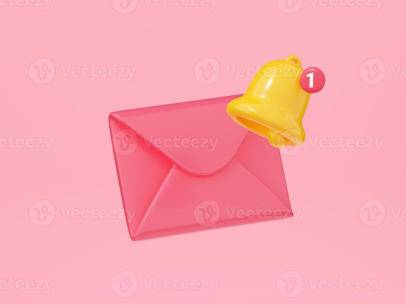 New mail notification 3d render - closed envelope with bell icon. Notice of new letter or message. photo