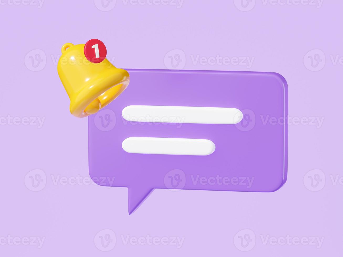 Notification bell on speech bubble with text 3d render. photo