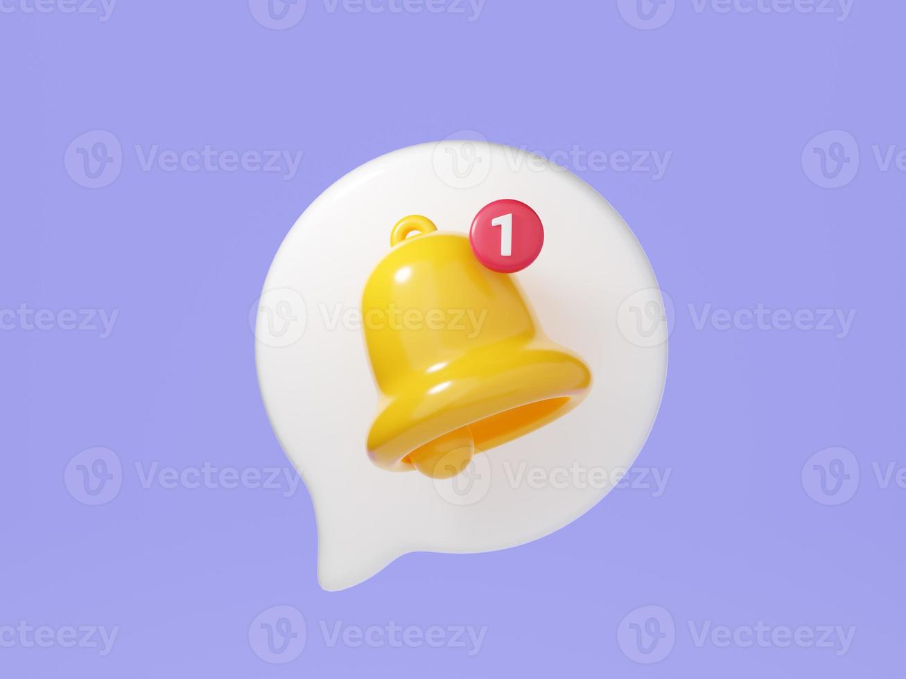 Notification bell on speech bubble 3d render. Illustration of simple yellow bell icon for reminder or notice concept. photo