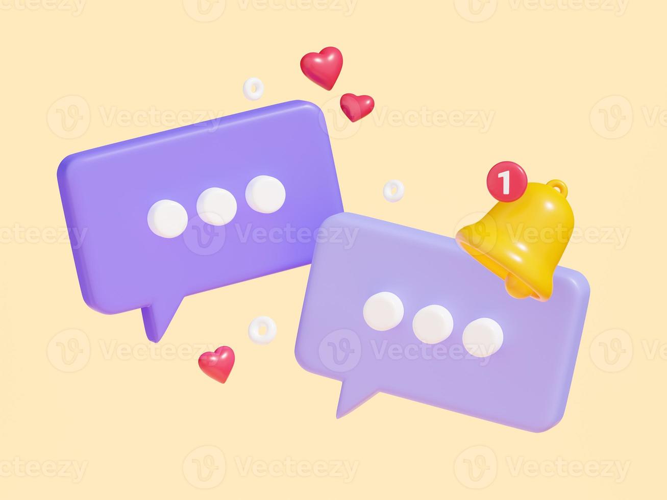 Notification bell on speech bubble with text 3d render. photo