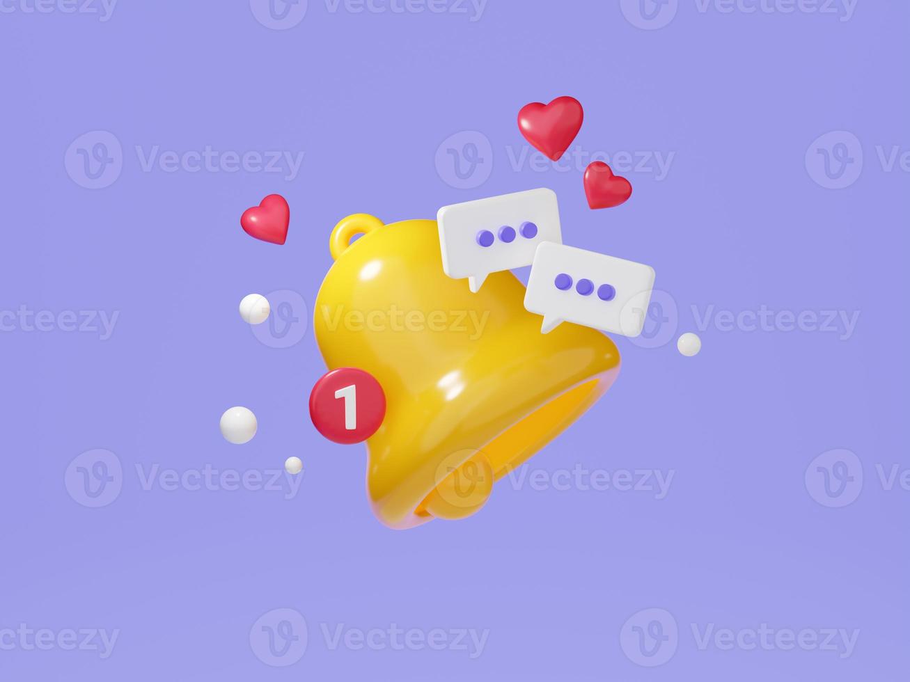 Notification bell with speech bubble with text and heart shapes 3d render. photo