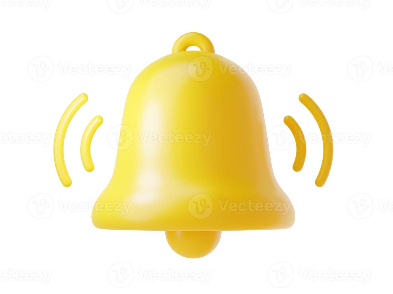 Notification bell icon 3d render - cute cartoon illustration of simple yellow bell for reminder or notice concept. photo