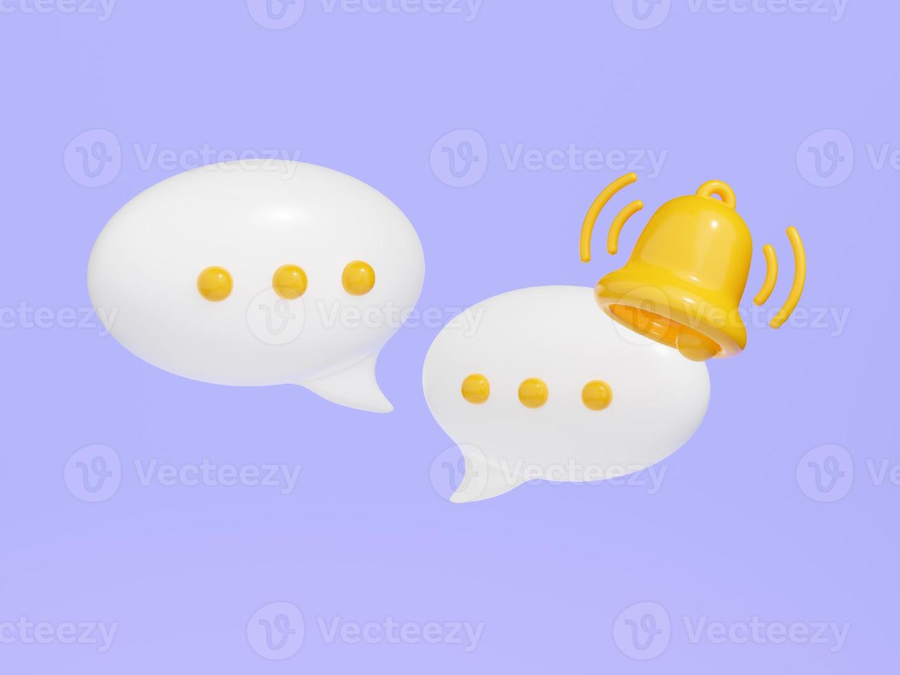 Notification bell on speech bubble with text 3d render. photo