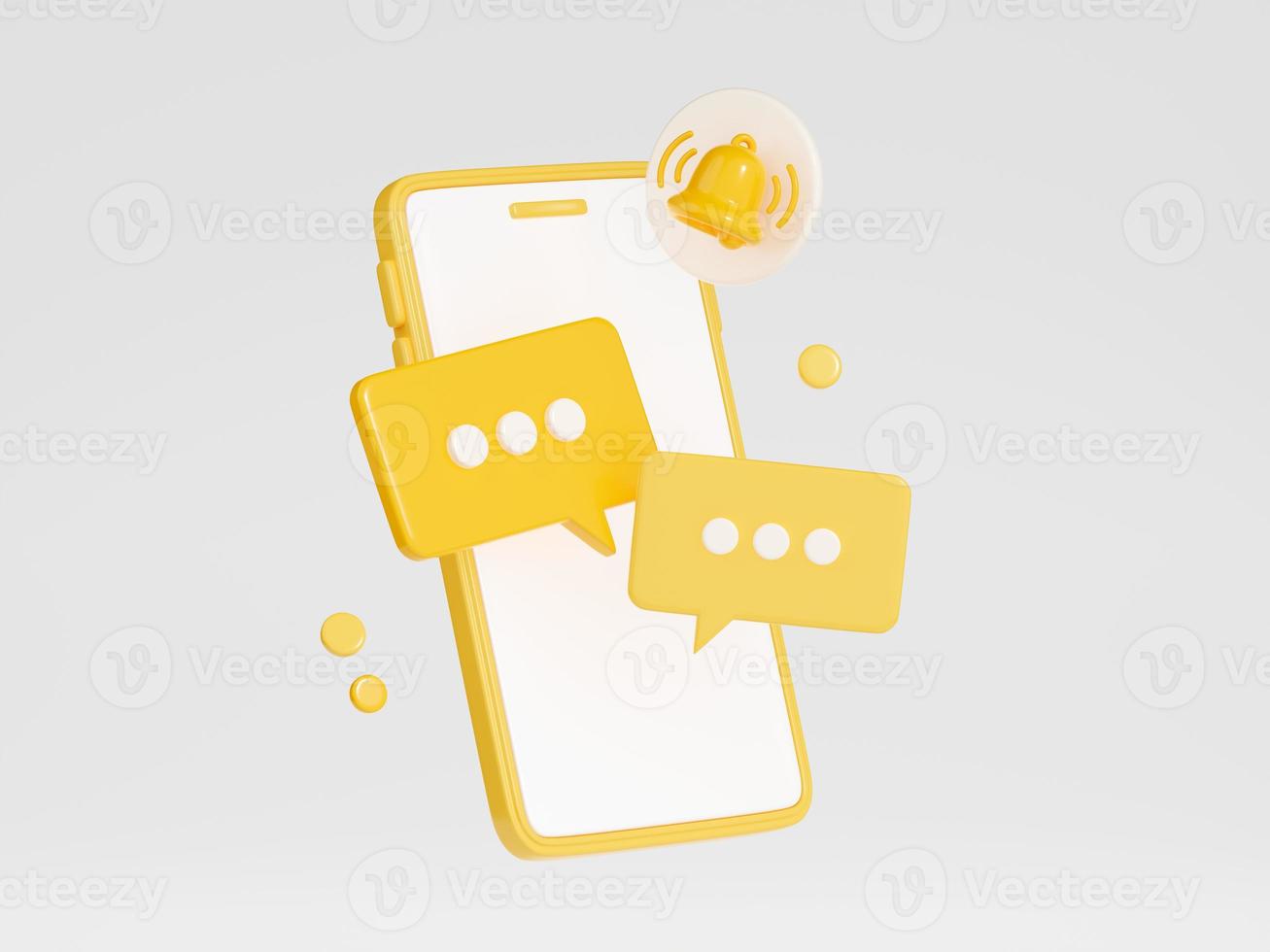 Notification 3d render - chat speech bubbles and bell icon on mobile phone screen. photo