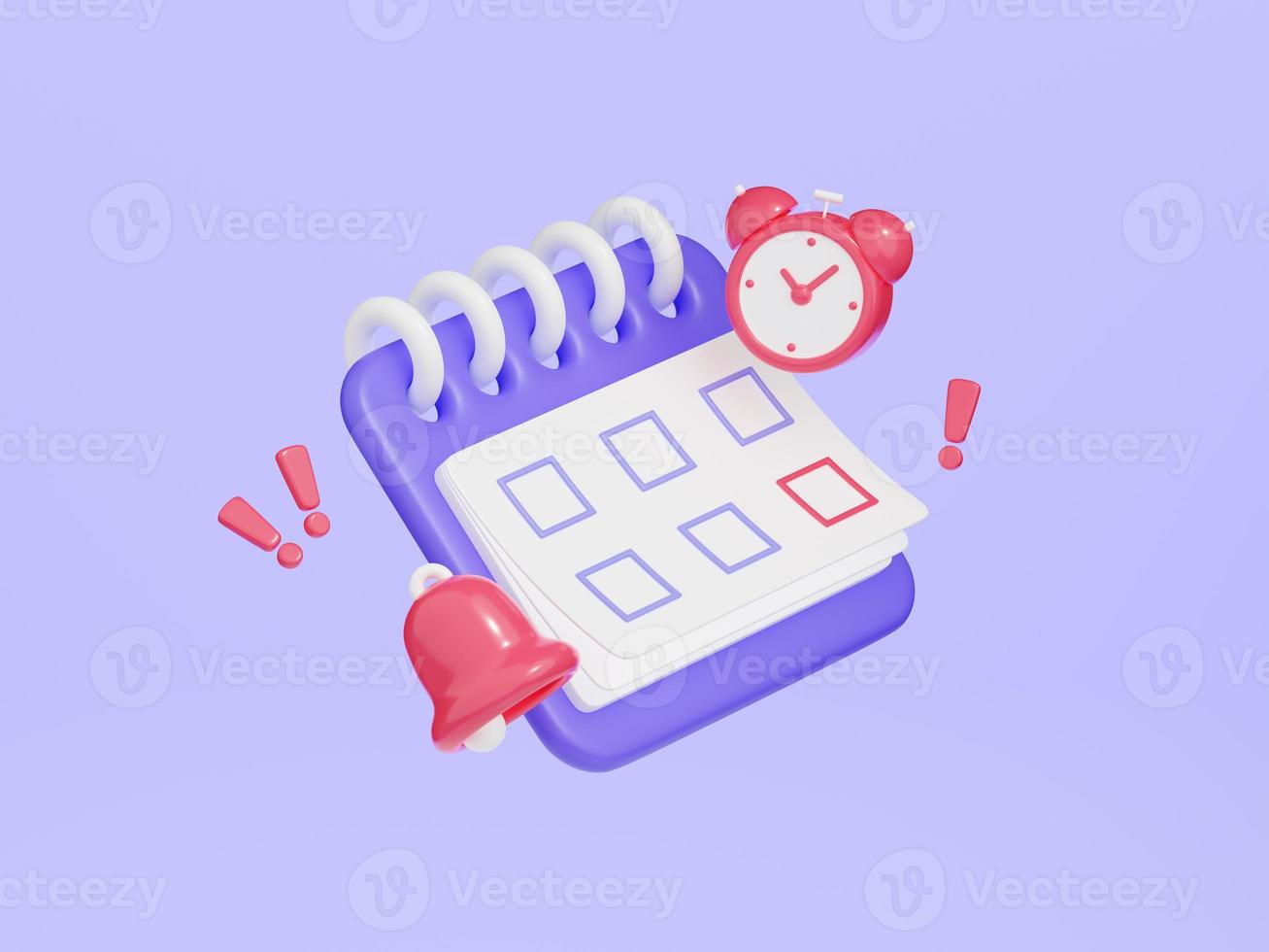 Calendar with clock and bell 3d render. Purple organizer with rings and week lined up floating near red watch and bell photo