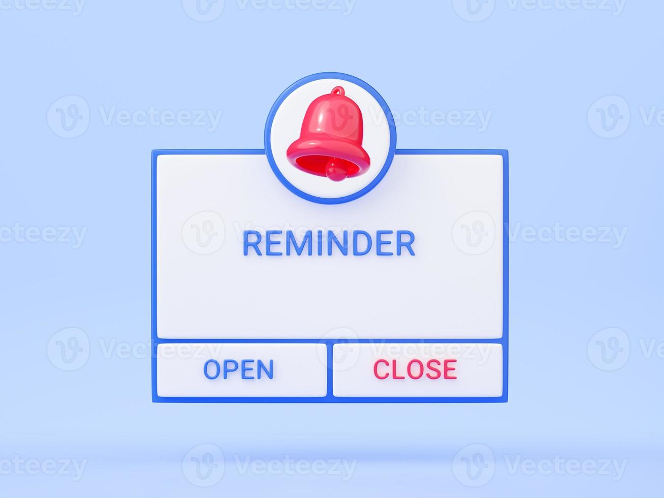 Reminder 3D render - notification page with bell icon and two buttons on blue background. photo