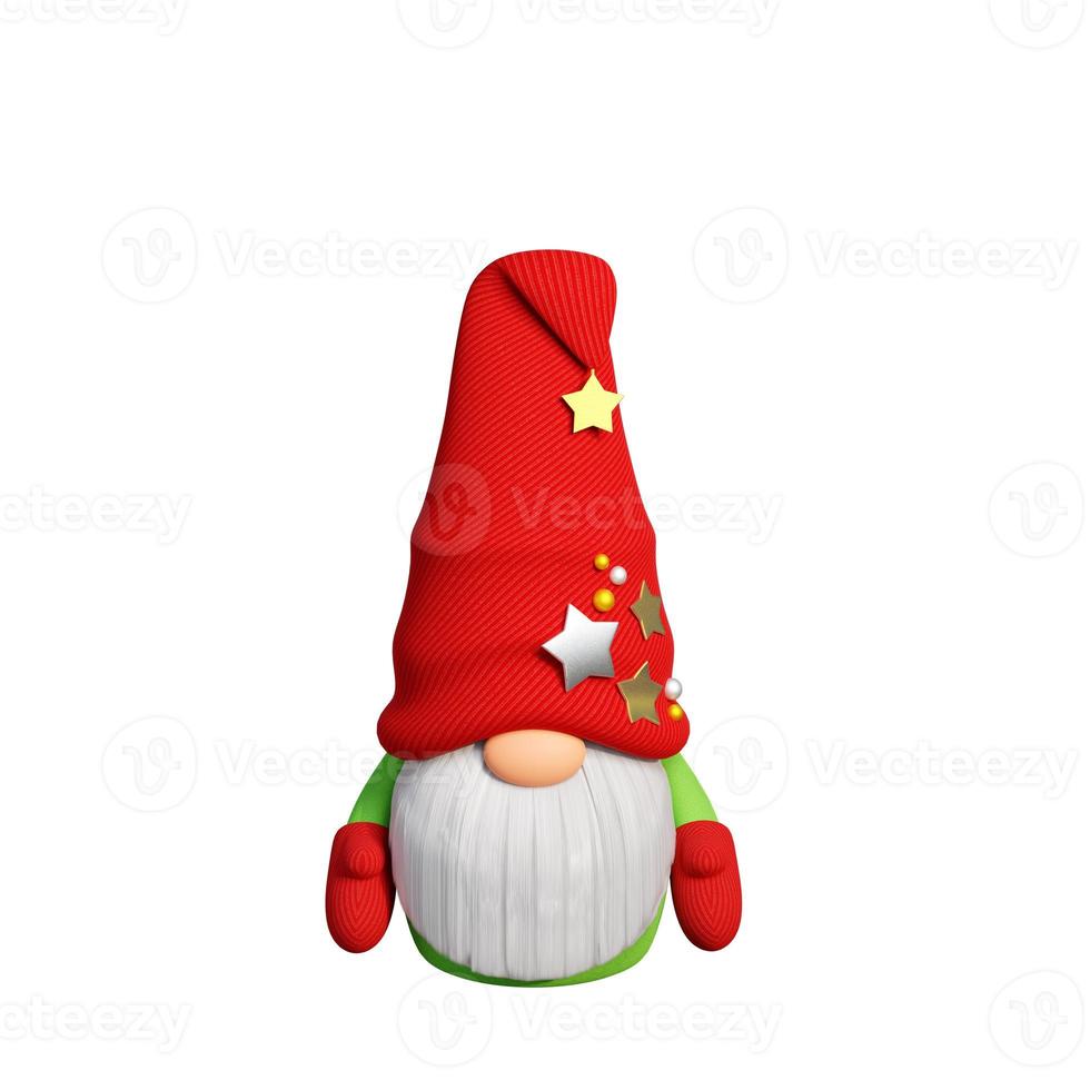 Christmas Scandinavian gnome with long white beard in red hat decorated with stars 3D render illustration. photo