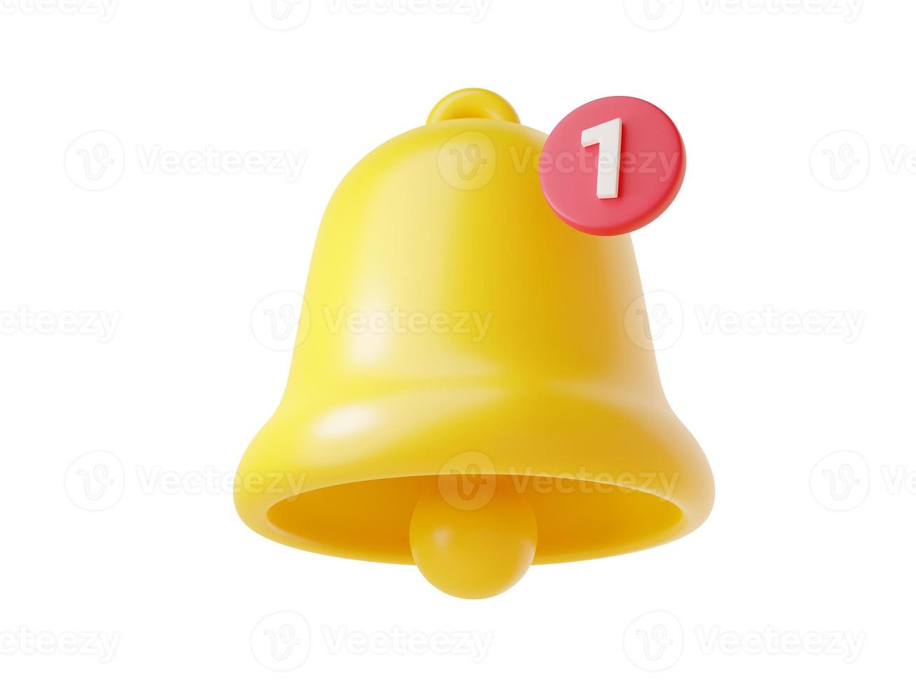 Notification bell icon 3d render - cute cartoon illustration of simple yellow bell with number one. photo