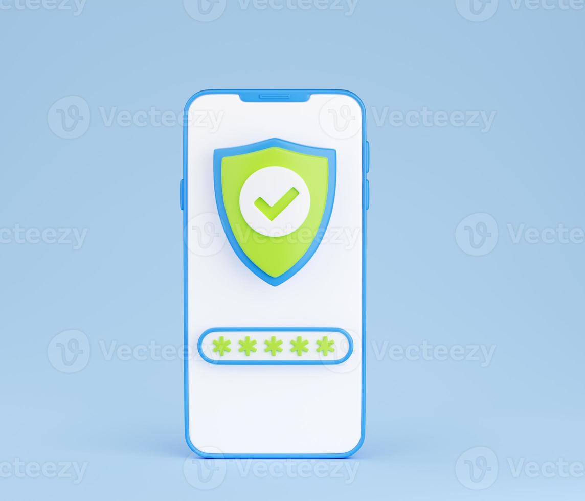 Personal data secure 3d render - checkmark shield and password field on mobile phone screen. photo