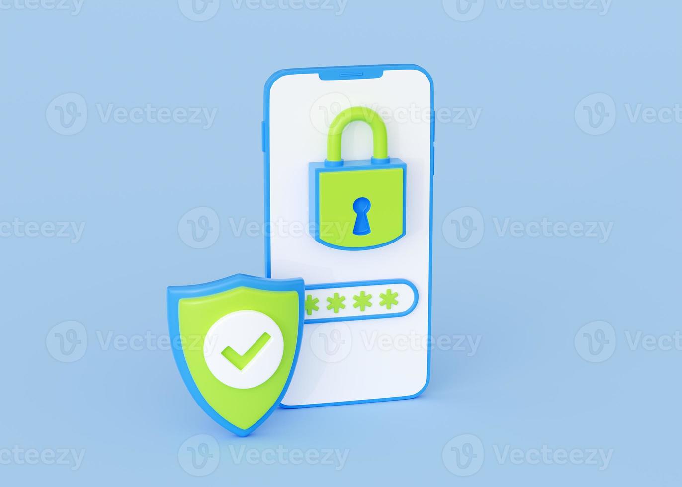 Personal data secure 3d render - padlock and password field on mobile phone screen protected by checkmark shield. photo