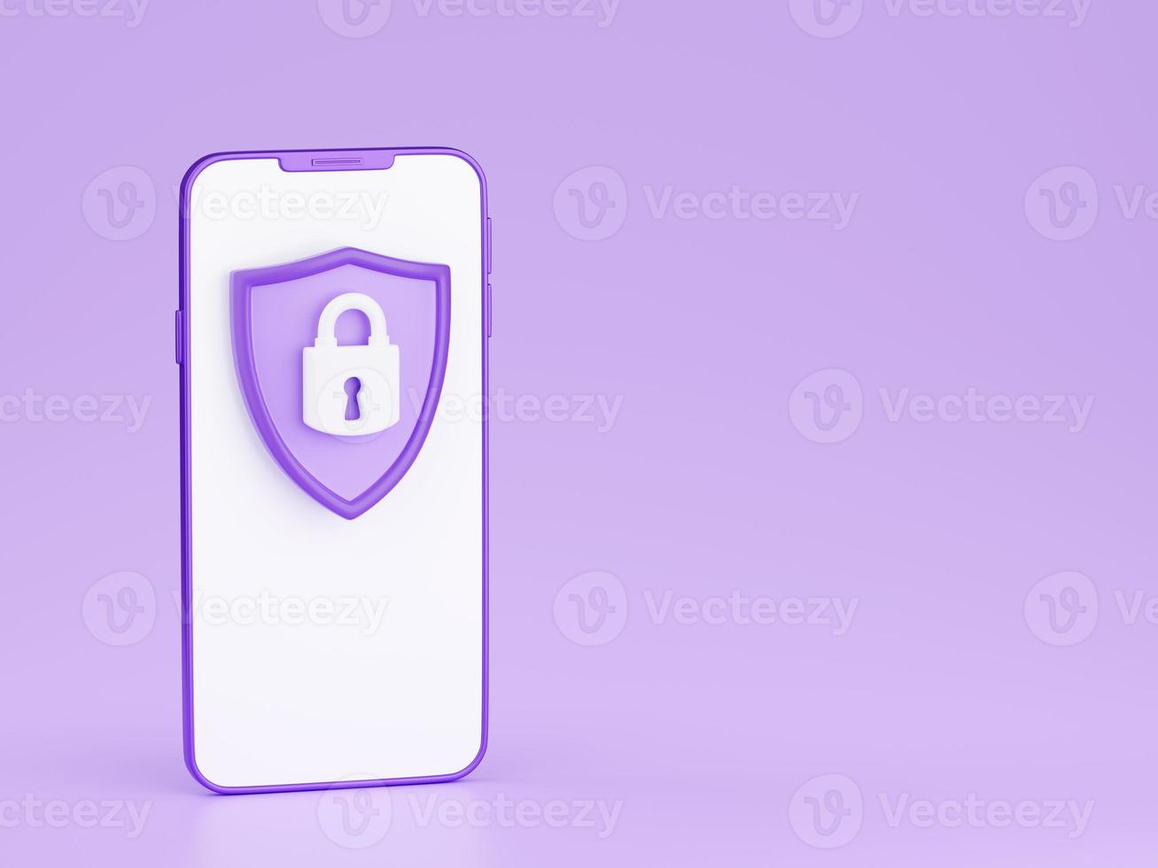 Shield with padlock sign on mobile phone screen 3d render - security of private information from theft concept. photo