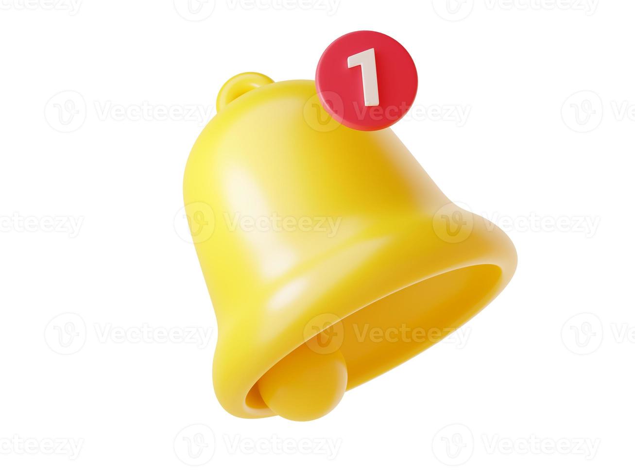 Notification bell icon 3d render - cute cartoon illustration of simple yellow bell with number one. photo
