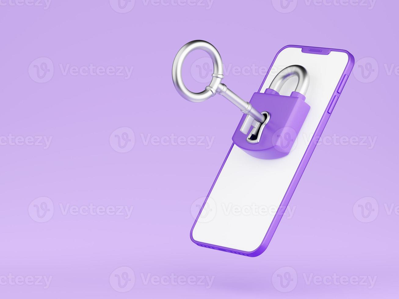 Personal data security 3d render - closed lock with metal key inserted in keyhole on mobile phone screen. photo