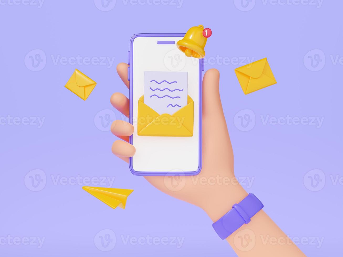 Notification newsletter 3d render illustration - hand holding mobile phone with yellow envelope and bell on screen. photo