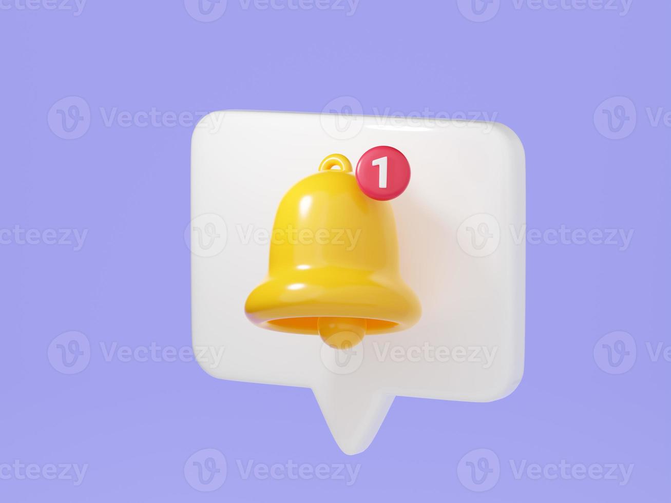 Notification bell on speech bubble 3d render. Illustration of simple yellow bell icon for reminder or notice concept. photo