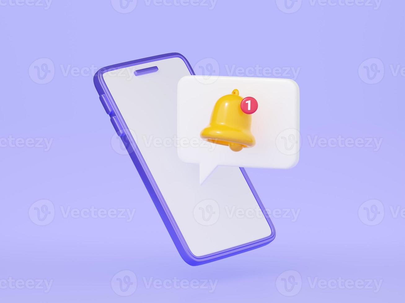 Notification bell on mobile phone screen 3d render. photo