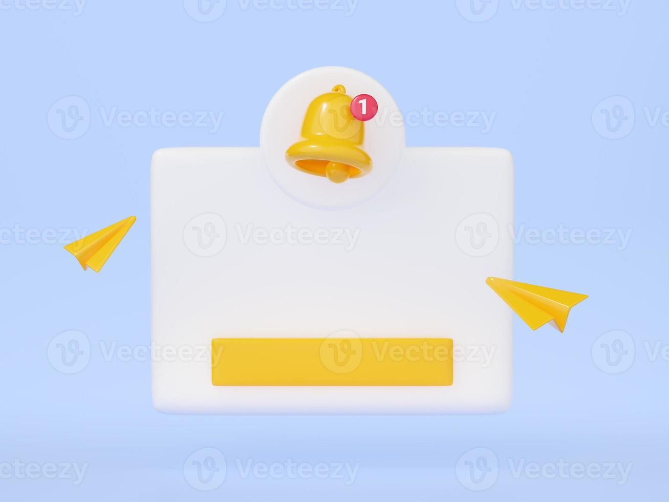 Notification 3d render - white banner with empty space for text, yellow bell and button isolated on blue background. photo