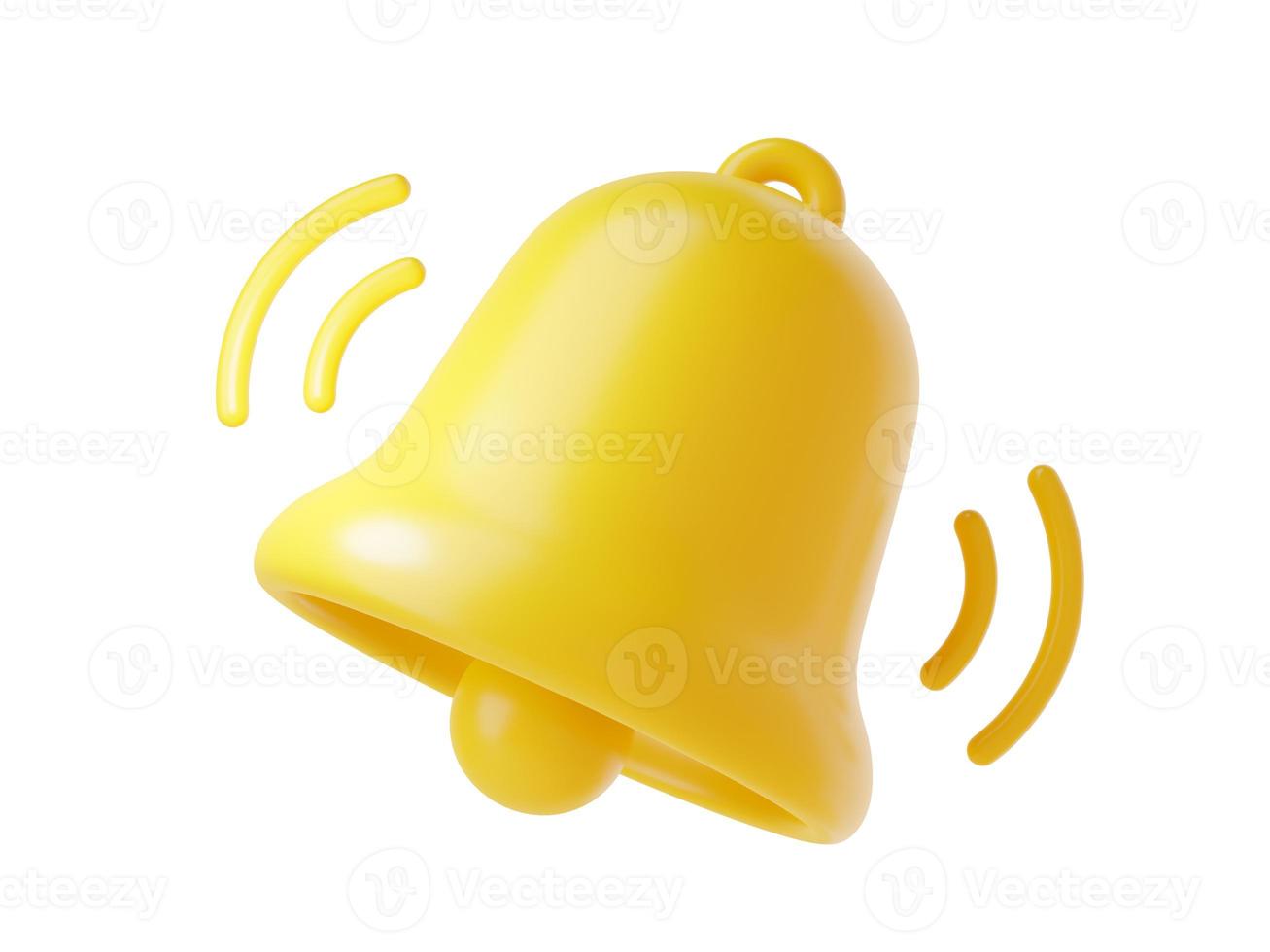 Notification bell icon 3d render - cute cartoon illustration of simple yellow bell for reminder or notice concept. photo