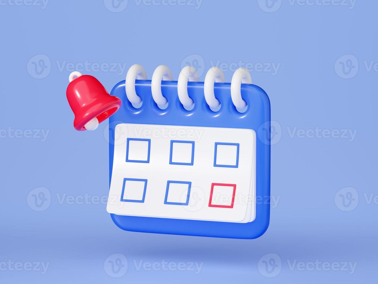 Reminder in calendar 3d render - cute purple calendar with empty check points on white paper and yellow bell. photo