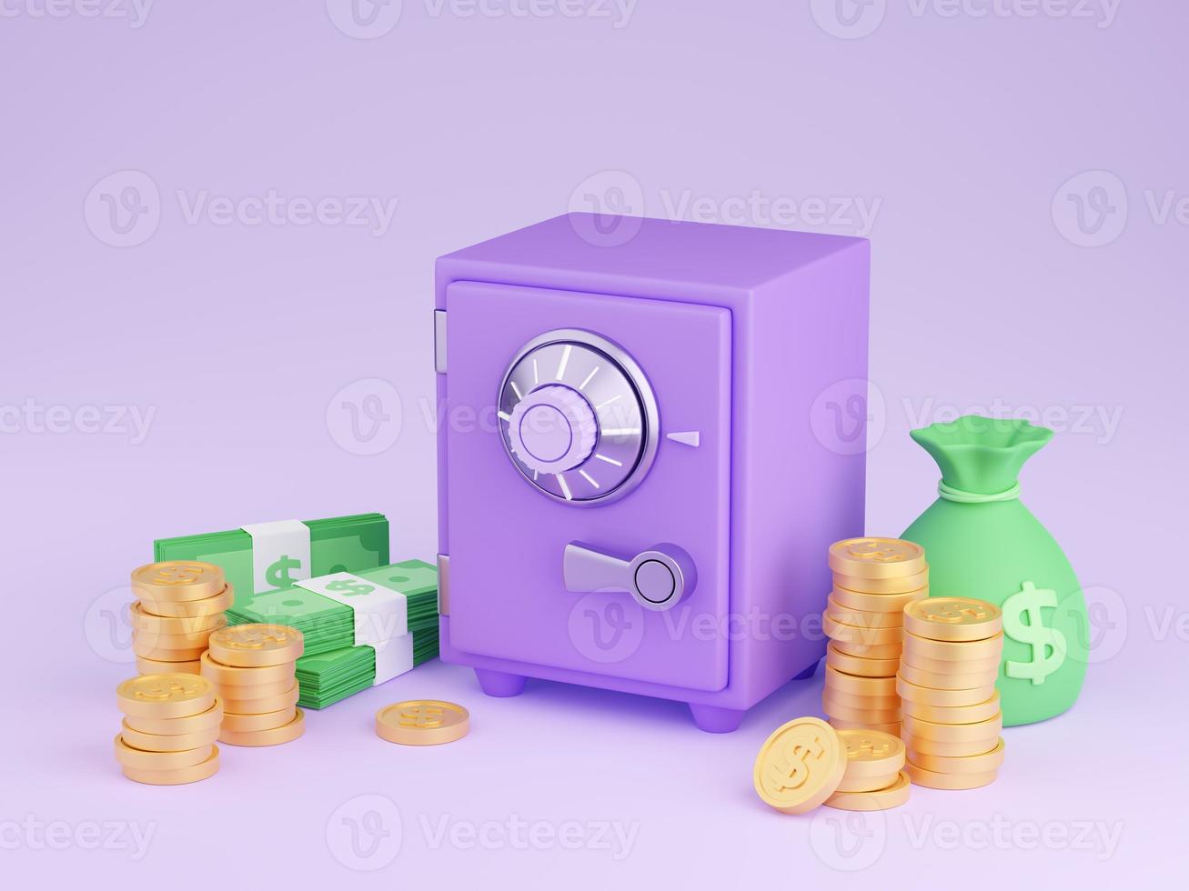 Safe box with money 3d render - illustration of closed purple strongbox surrounded by pile of gold coins and paper cash. photo