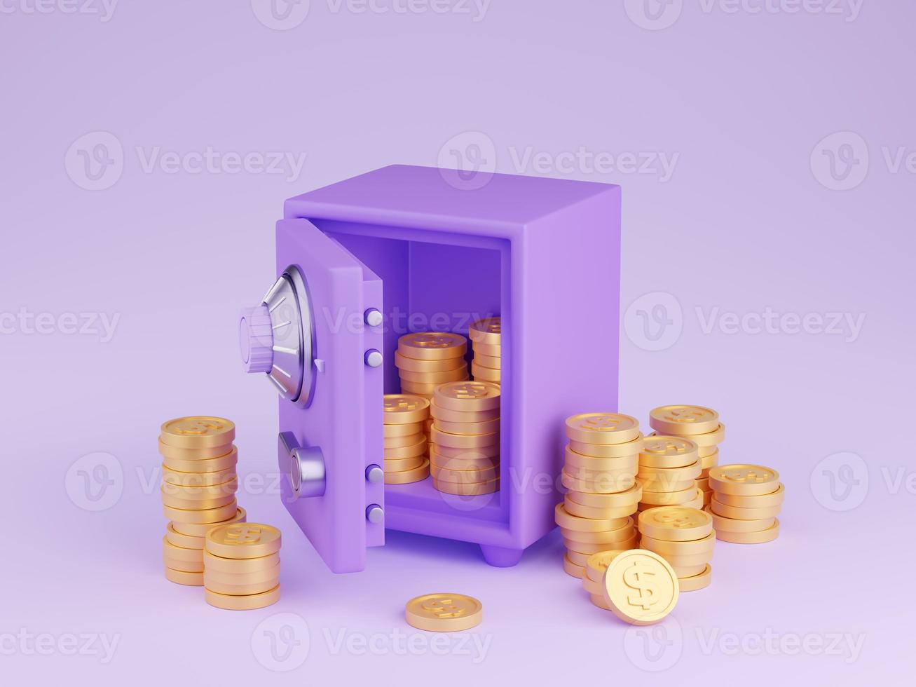 Safe box with money 3d render - open purple strongbox filled and surrounded by pile of gold coins with dollar sign. photo