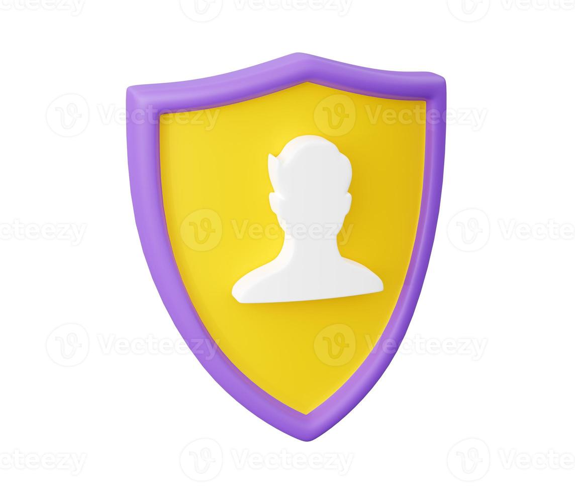 Shield with human silhouette sign 3d render illustration. Avatar symbol on guard. photo