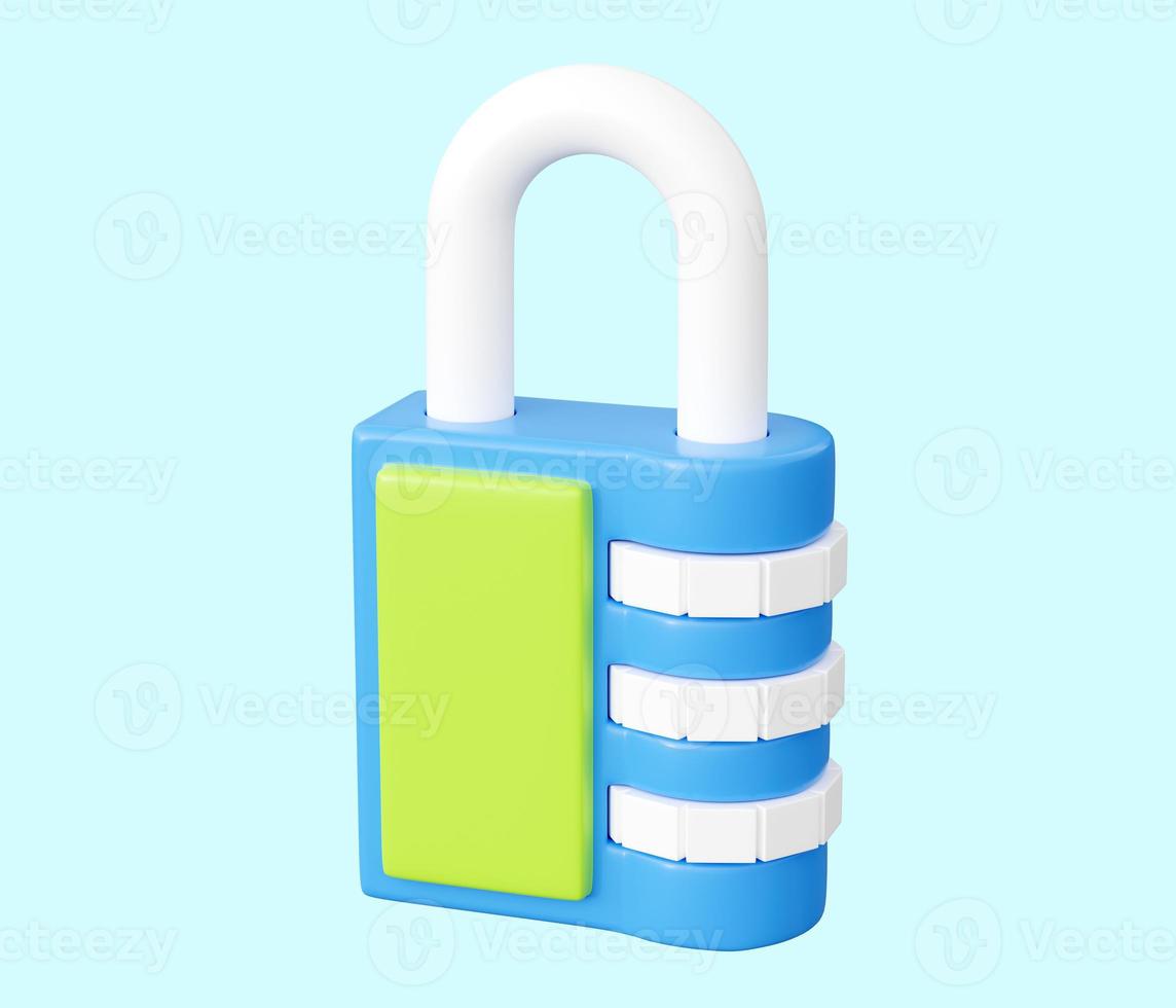 Code lock 3d render - cartoon illustration of blue and green closed combination padlock. photo