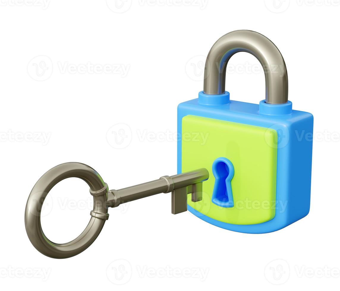 Closed padlock with key 3d render illustration. Metal key near hole in secured blue and green lock. photo