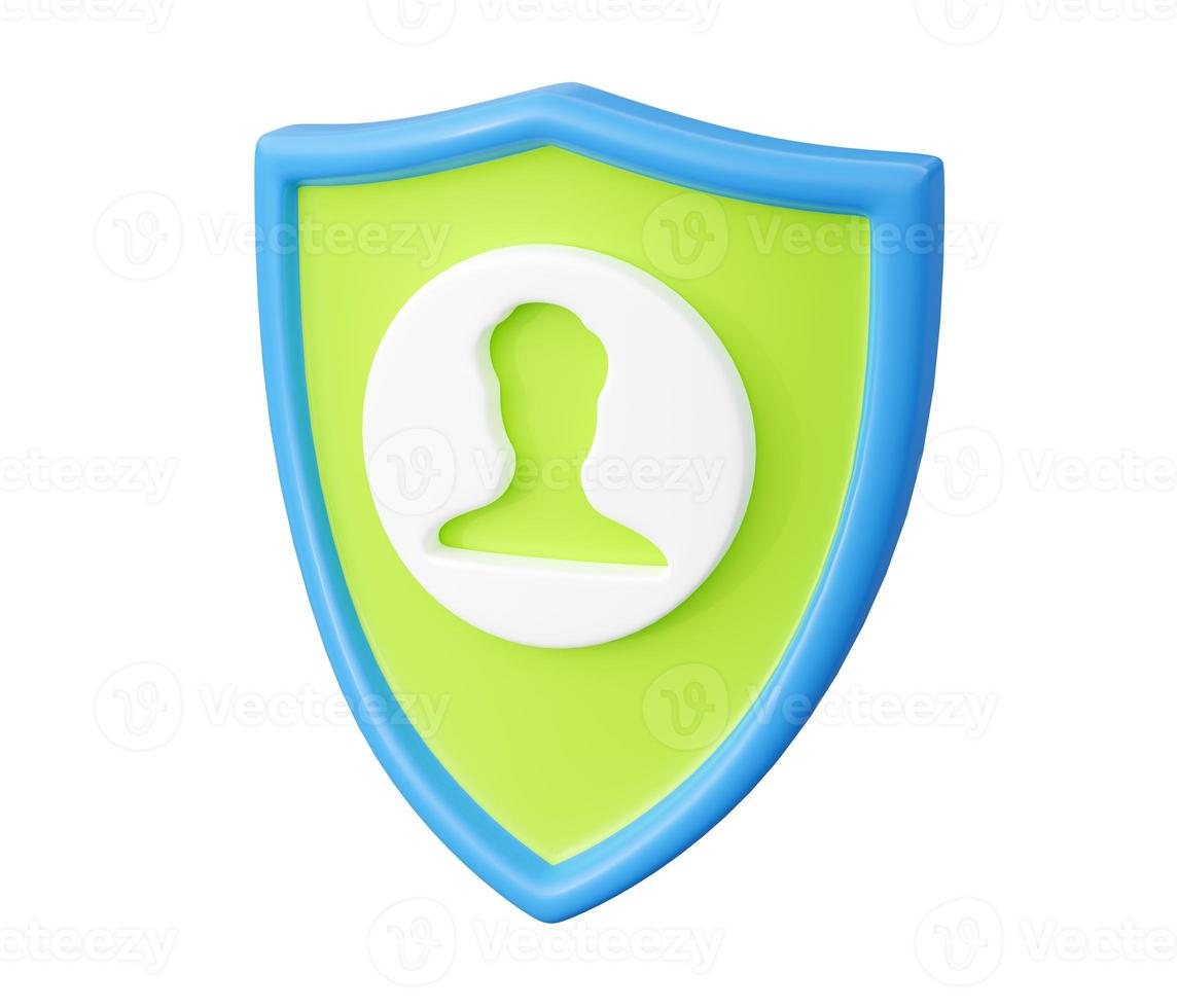 Shield with human silhouette sign 3d render illustration. Avatar symbol on guard. photo