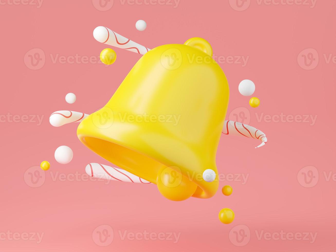Notification bell icon 3d render - cute cartoon illustration of simple yellow bell for reminder or notice concept. photo