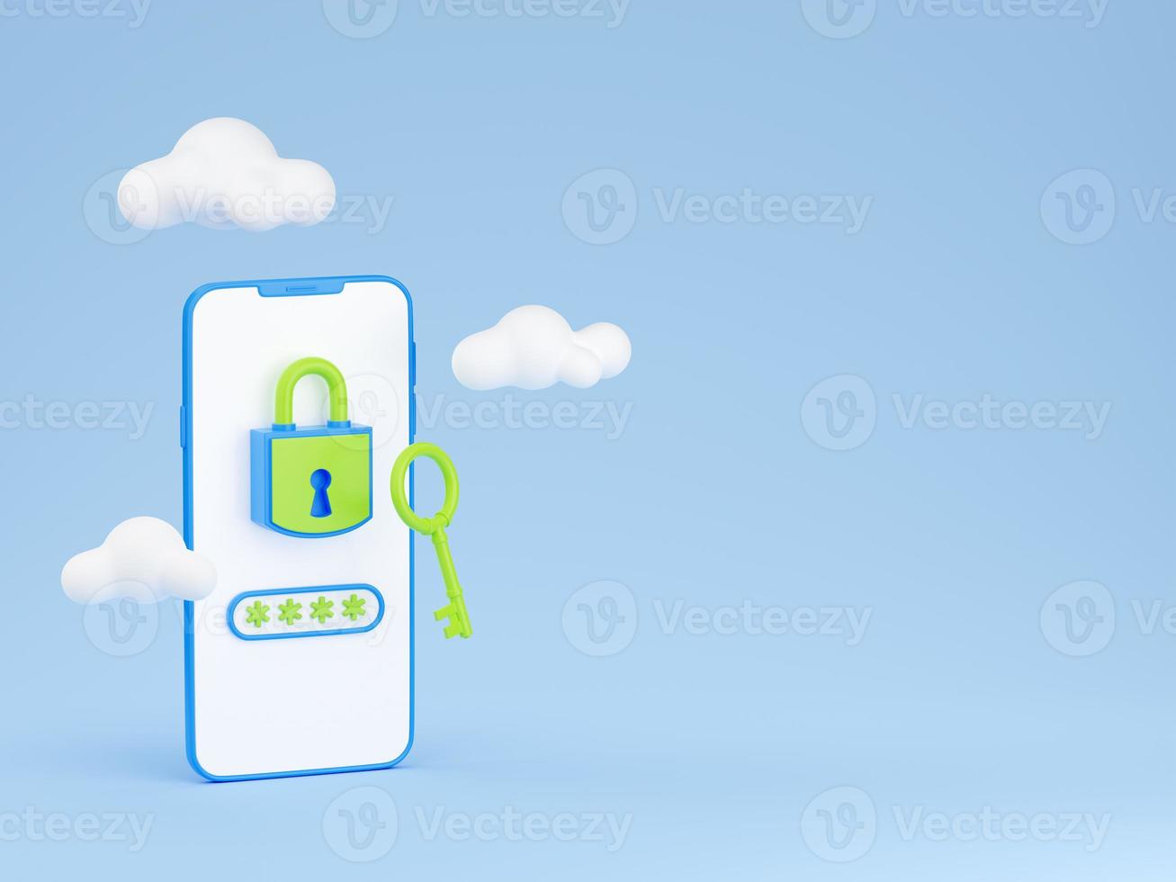 Personal data secure 3d render - padlock and password field on mobile phone screen as well as key and clouds. photo