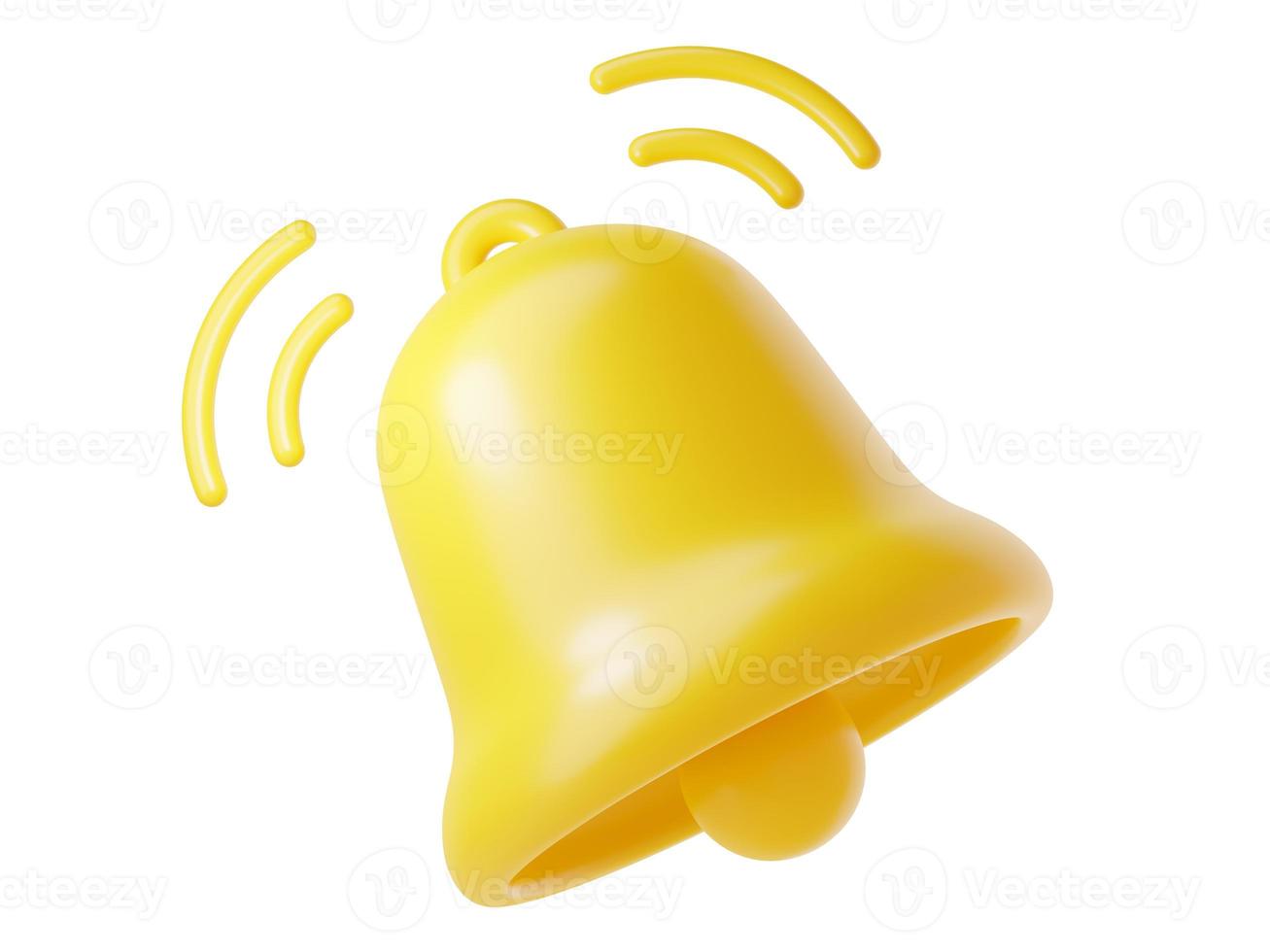 Notification bell icon 3d render - cute cartoon illustration of simple yellow bell for reminder or notice concept. photo