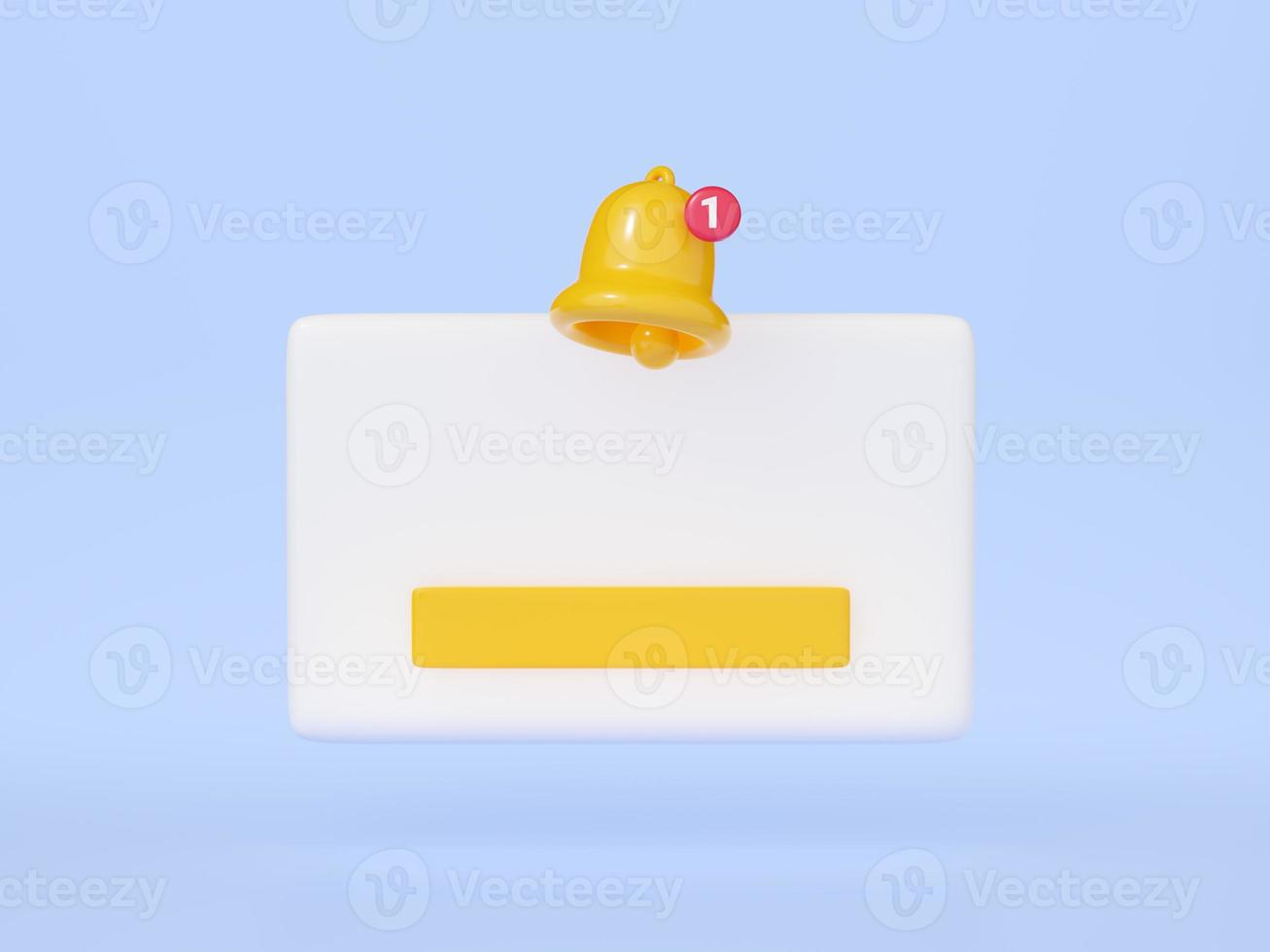 Notification 3d render - white banner with empty space for text, yellow bell and button isolated on blue background. photo