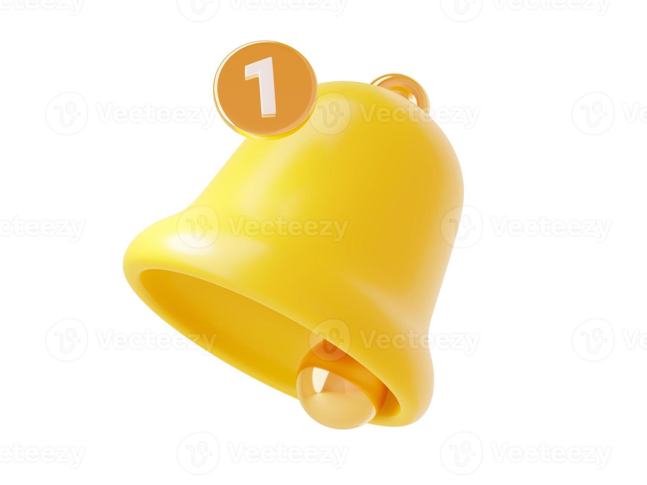 Notification bell icon 3d render - cute cartoon illustration of simple yellow bell with number one. photo