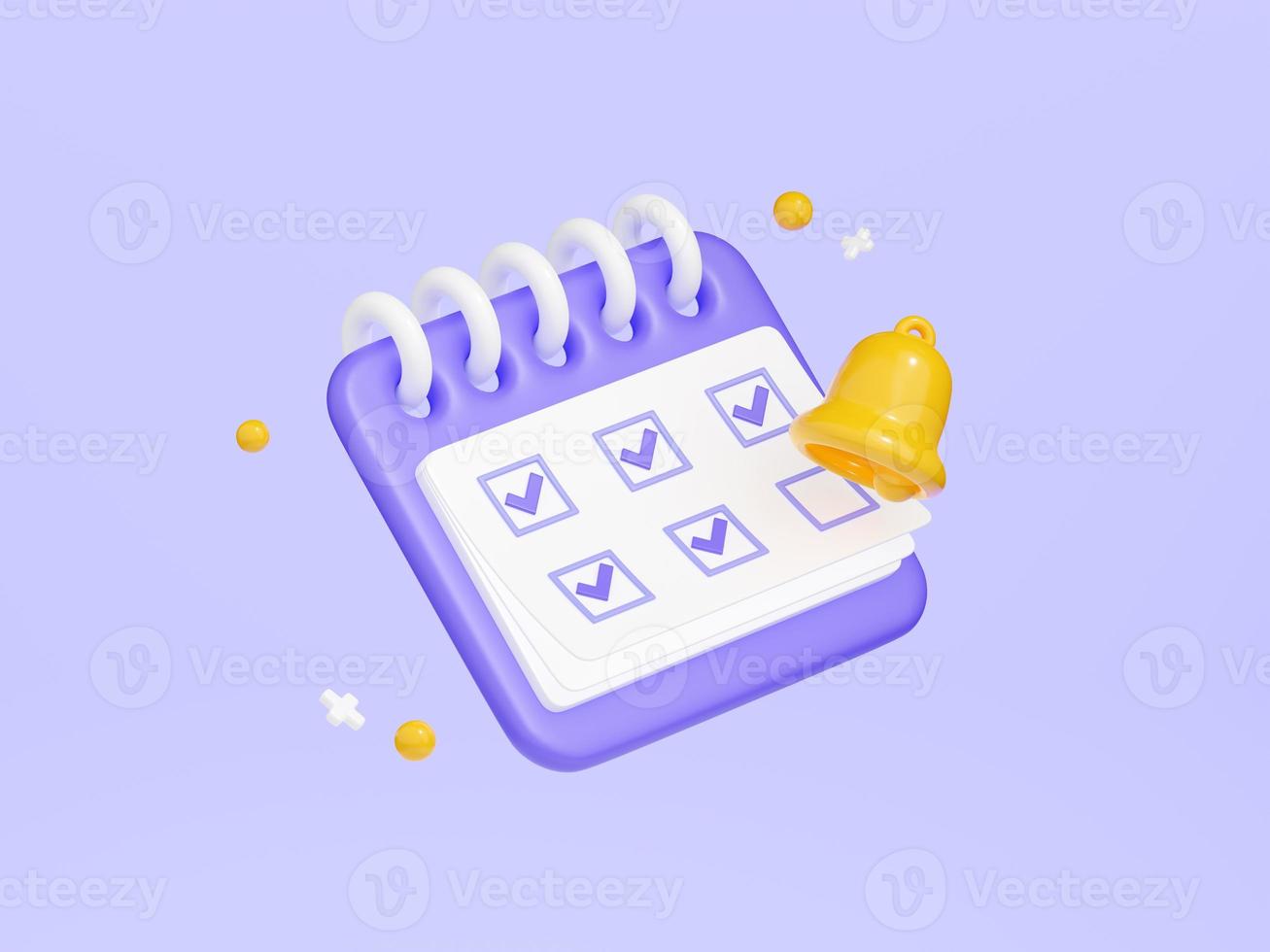 Reminder in calendar 3d render - cute purple calendar with check points marked with tick on white paper and yellow bell. photo